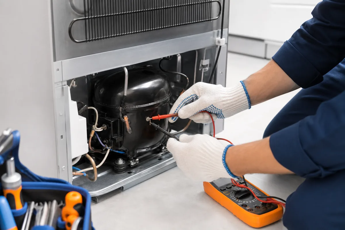 Technician checking refrigerator compressor with meter